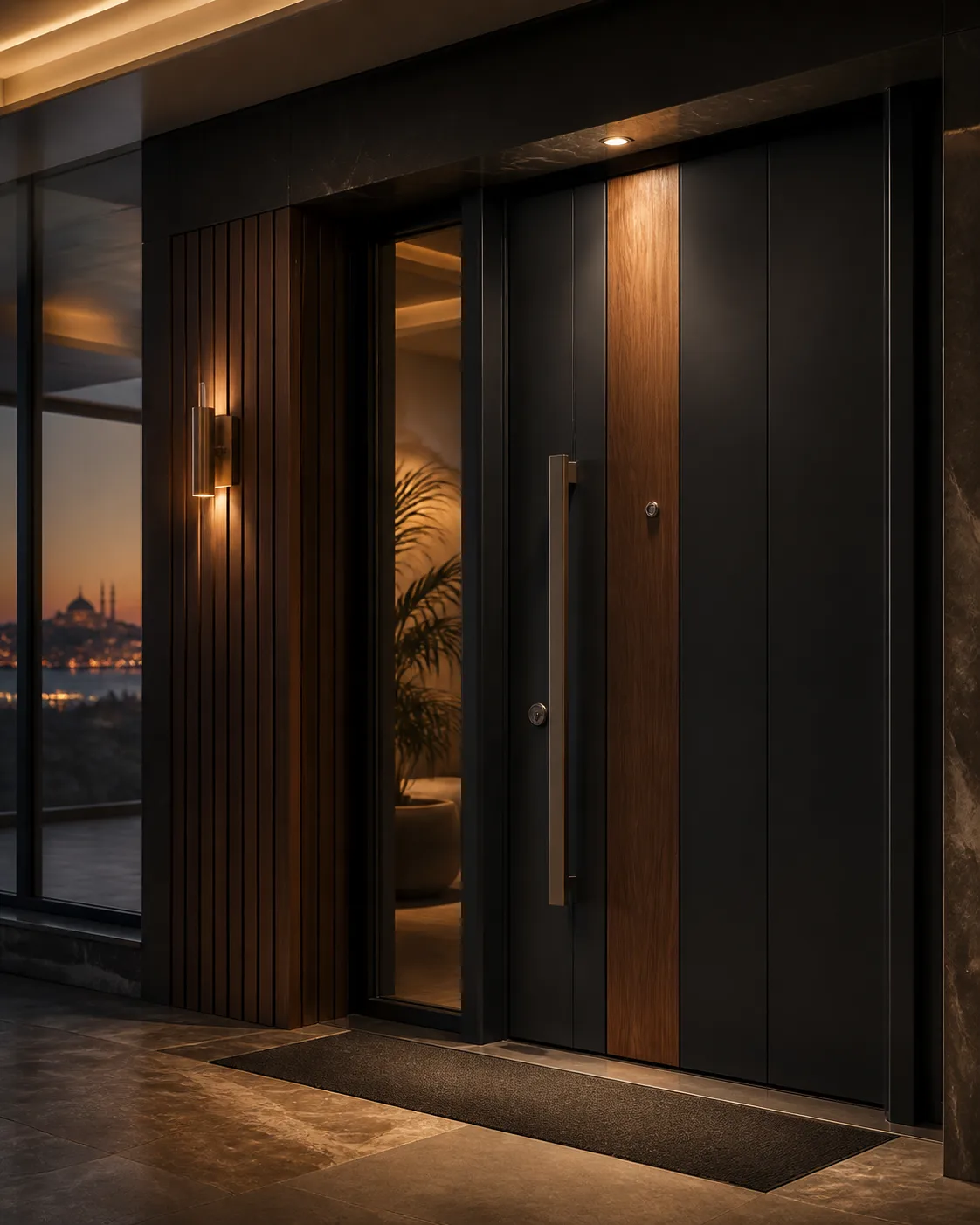 Gece aydınlatmalı modern ve güvenli çelik kapı